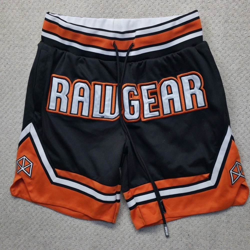 Rawgear‎ Athletic Basketball Shorts Mens Medium Black Orange Stitched Logo Gym